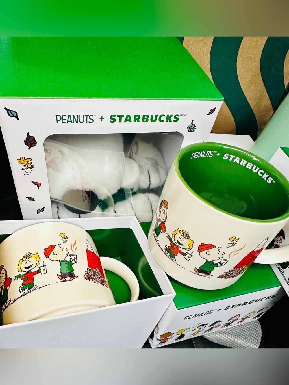 Starbucks Peanuts Ceramic Mugs - Cream Exterior with Green Interior Set 2